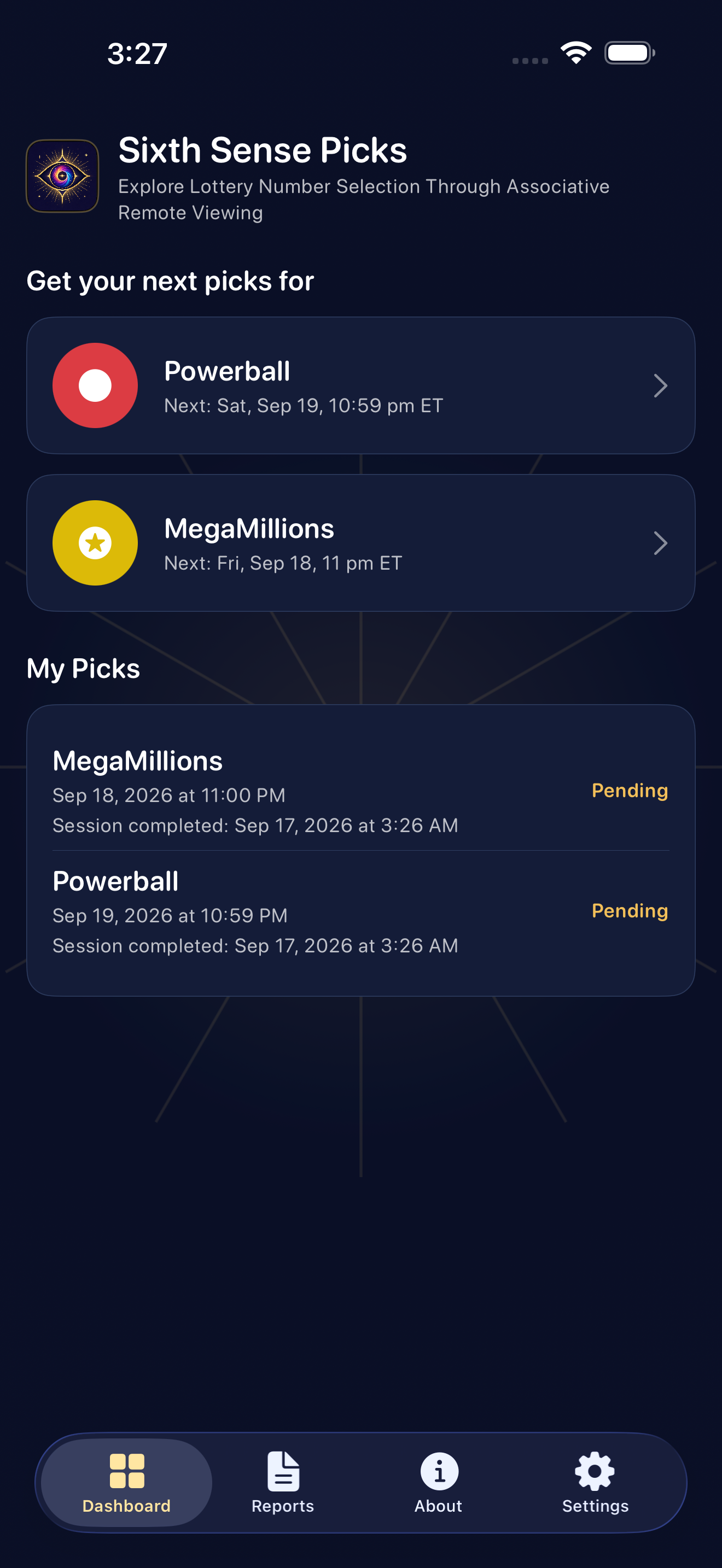 Sixth Sense Picks dashboard. Cards for Powerball and Mega Millions show the next scheduled drawing times, and a My Picks list shows two completed sessions marked Pending.