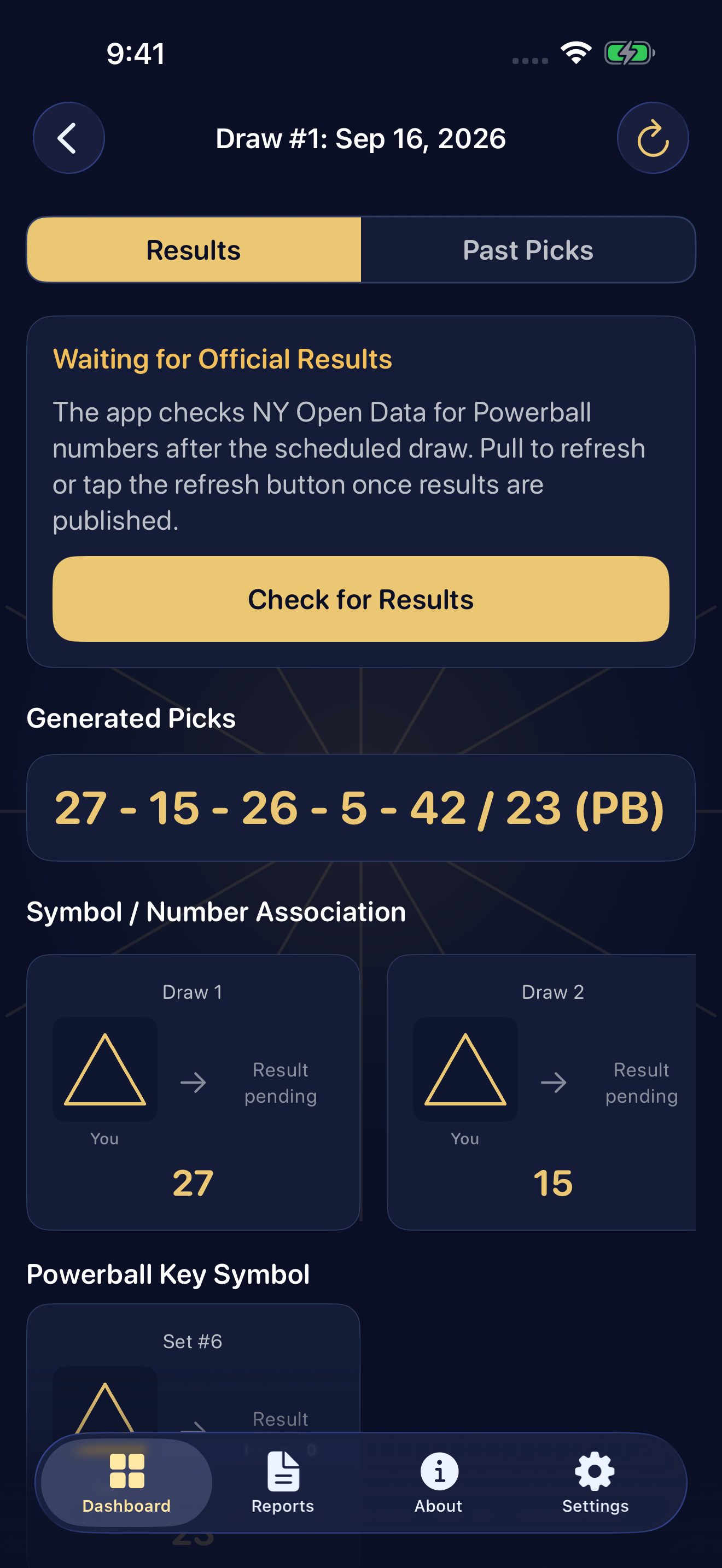 A Powerball session waiting for official results. Generated picks read 27, 15, 26, 5, 42 with Powerball 23. Symbol cards show a drawn triangle mapped to each number, with results pending.