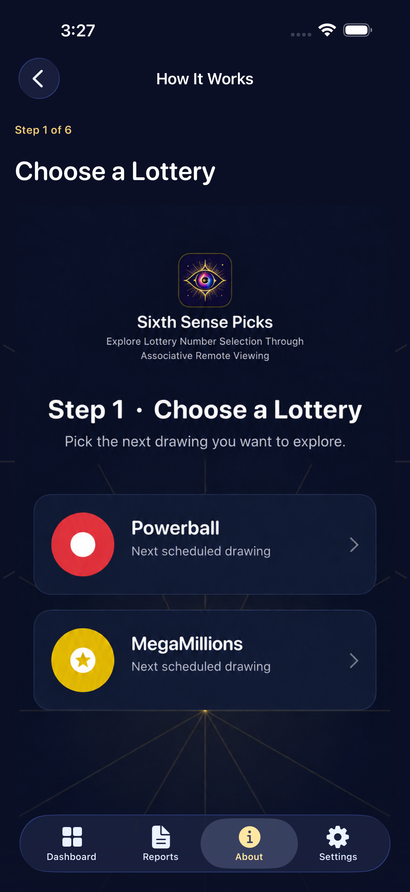 The in-app How It Works guide at Step 1 of 6, Choose a Lottery, offering Powerball and Mega Millions.